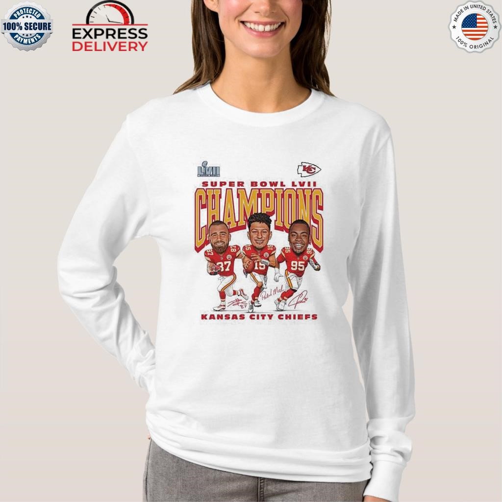 Kansas city Chiefs youth white super bowl champ caricature trio player  signatures shirt, hoodie, sweater, long sleeve and tank top