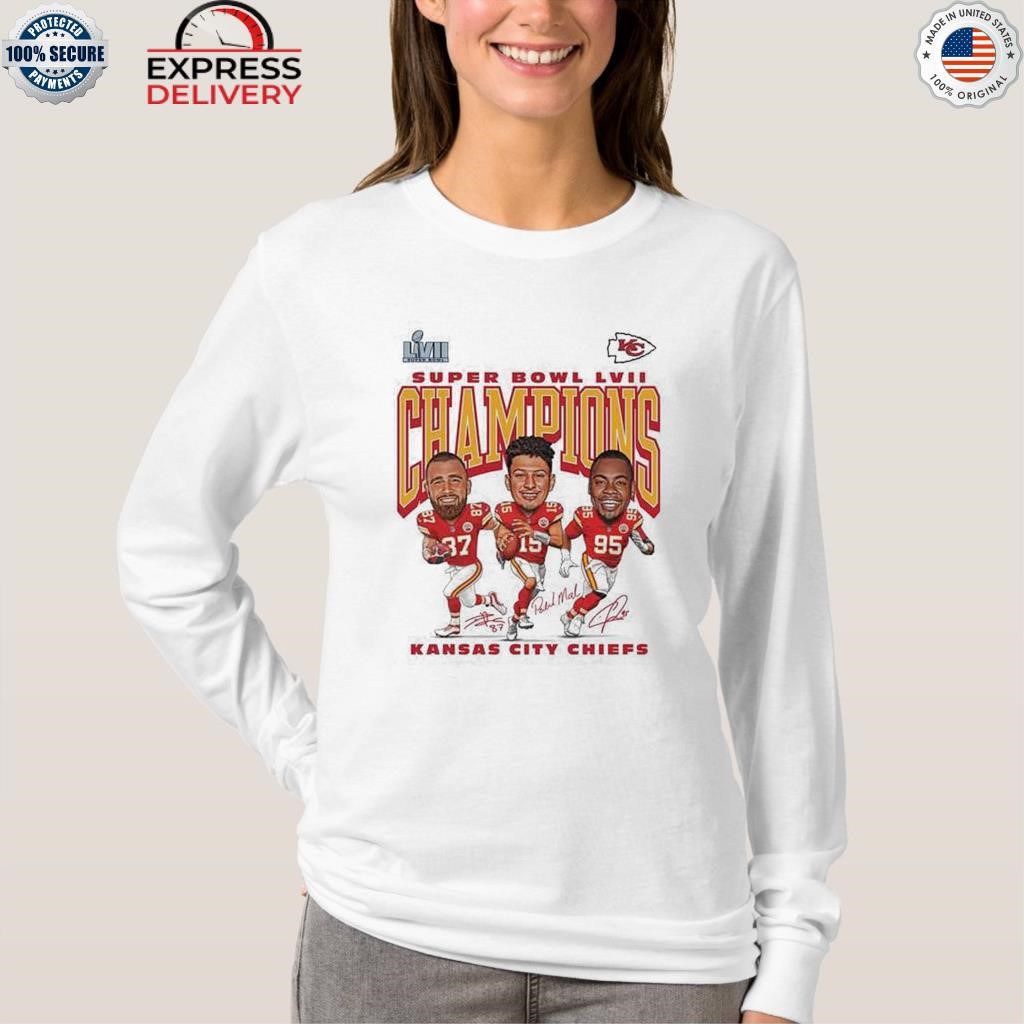 Kansas city Chiefs youth white super bowl champ caricature trio player 2023  shirt, hoodie, sweater, long sleeve and tank top