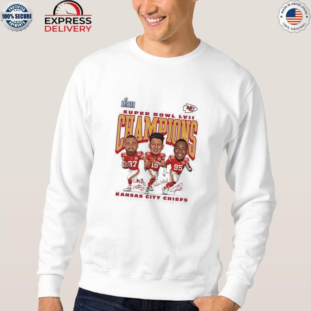 Official Kansas city Chiefs youth white 2022 super bowl champ caricature  trio player shirt, hoodie, sweater, long sleeve and tank top