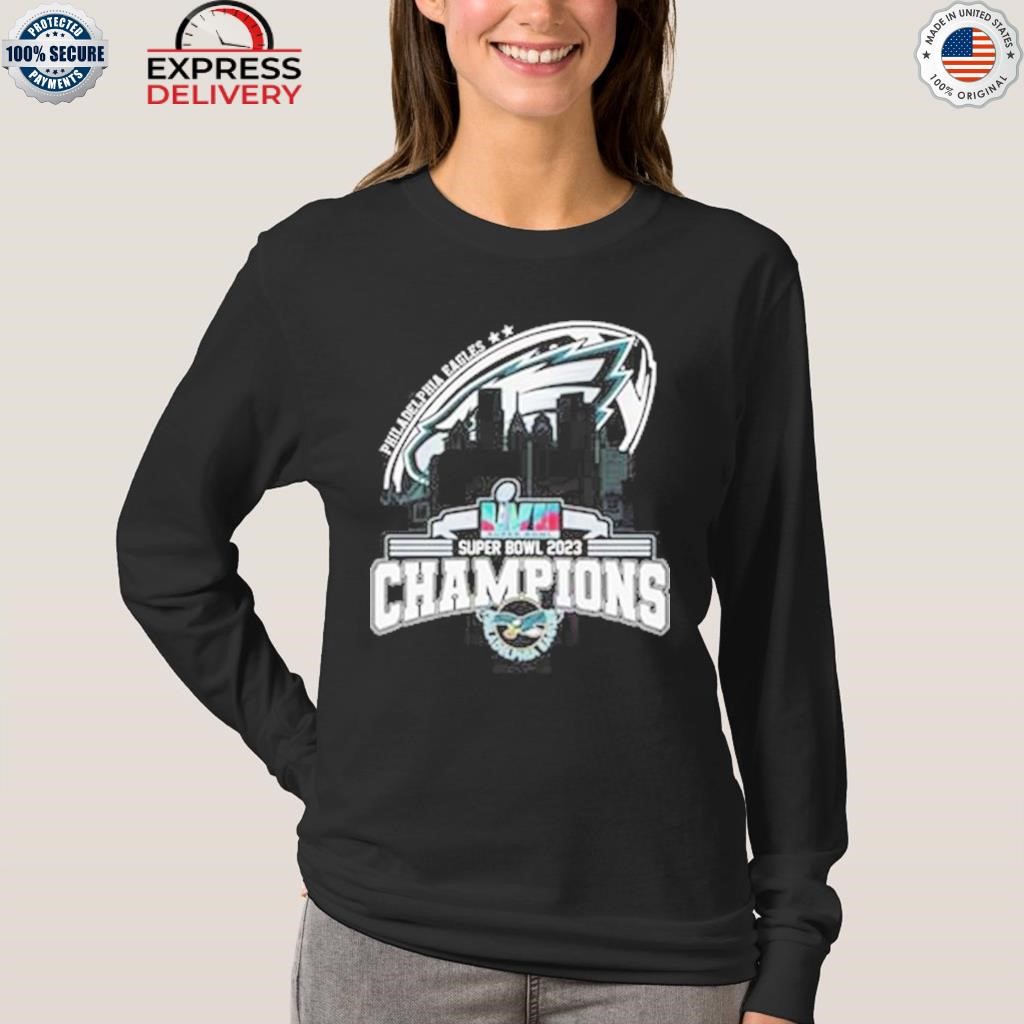 Philadelphia eagles super city skyline super bowl lvii 2023 champions shirt,  hoodie, sweater, long sleeve and tank top
