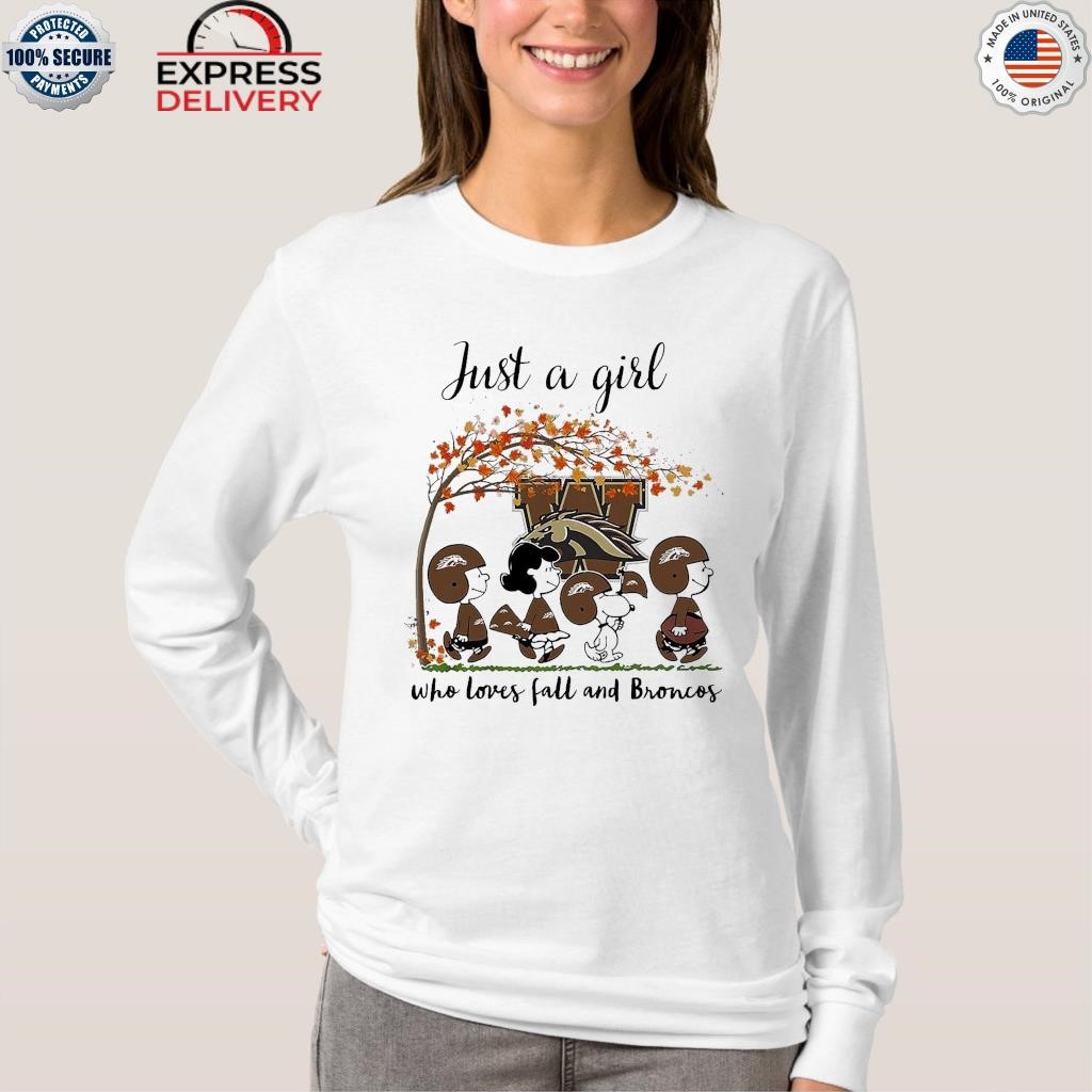 Just A Woman Who Loves Fall and Western Michigan Broncos Peanuts Cartoon T- shirt, hoodie, sweater, long sleeve and tank top