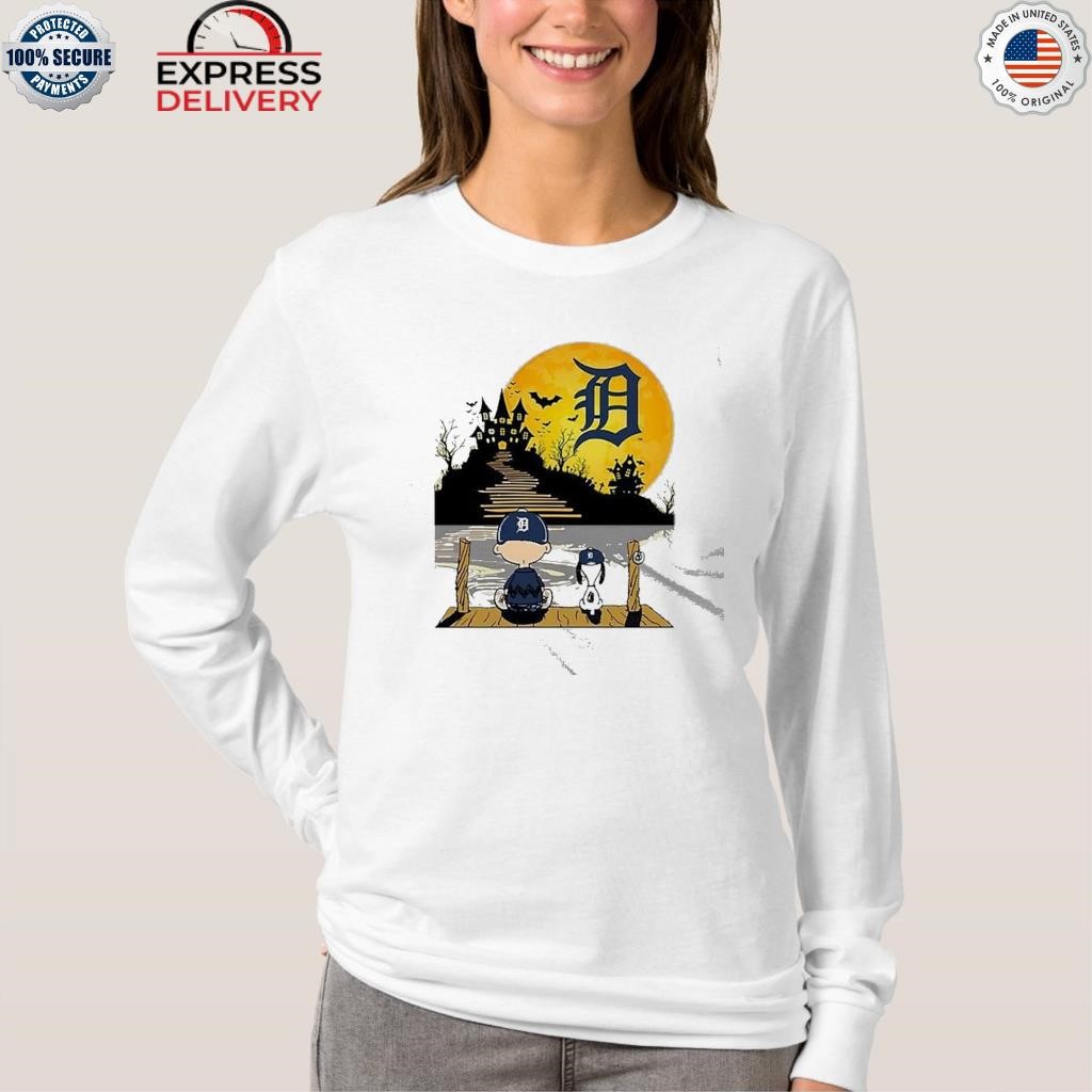 Official Snoopy Charlie brown sit under moon detroit tigers halloween T- shirt, hoodie, tank top, sweater and long sleeve t-shirt